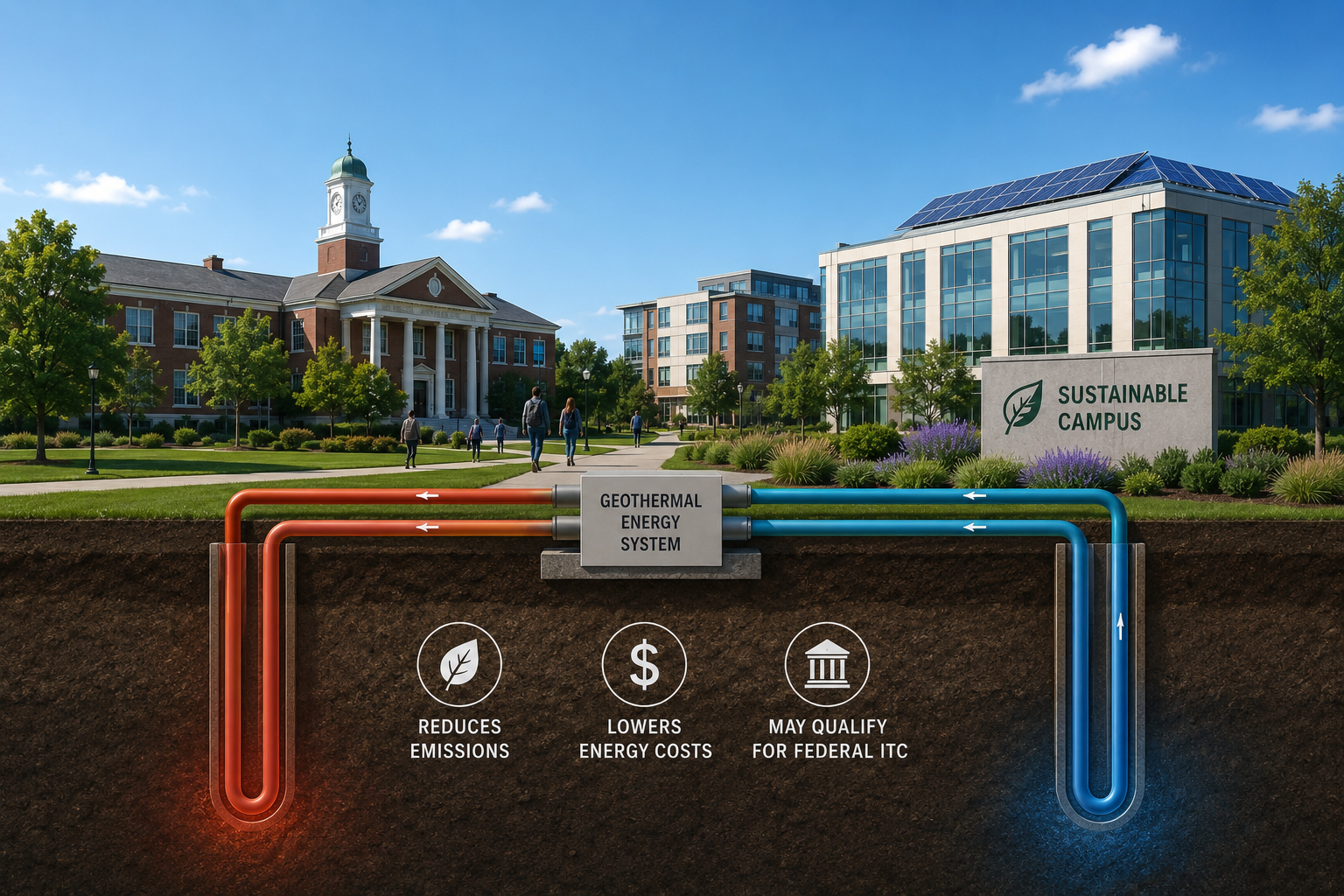 Campus geothermal energy system showing underground heat exchange loops serving multiple educational buildings, illustrating how district and campus geothermal projects can support sustainability goals and potentially qualify for federal clean energy tax incentives.